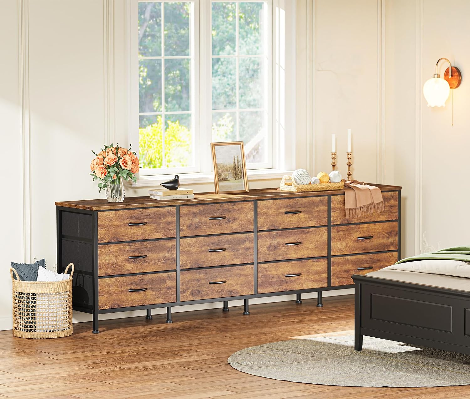 70-Inch Rustic Brown Dresser with 12 Fabric Drawers
