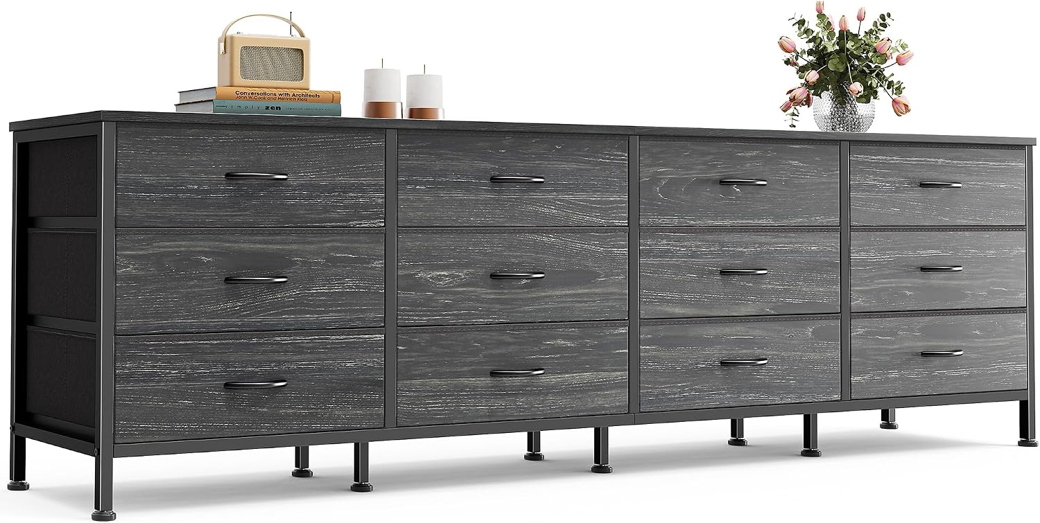 70-Inch Rustic Brown Dresser with 12 Fabric Drawers