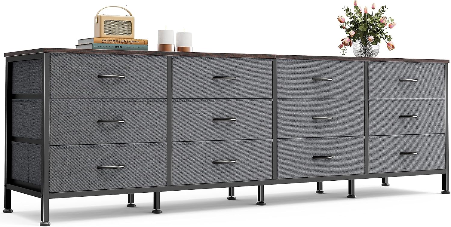 70-Inch Rustic Brown Dresser with 12 Fabric Drawers