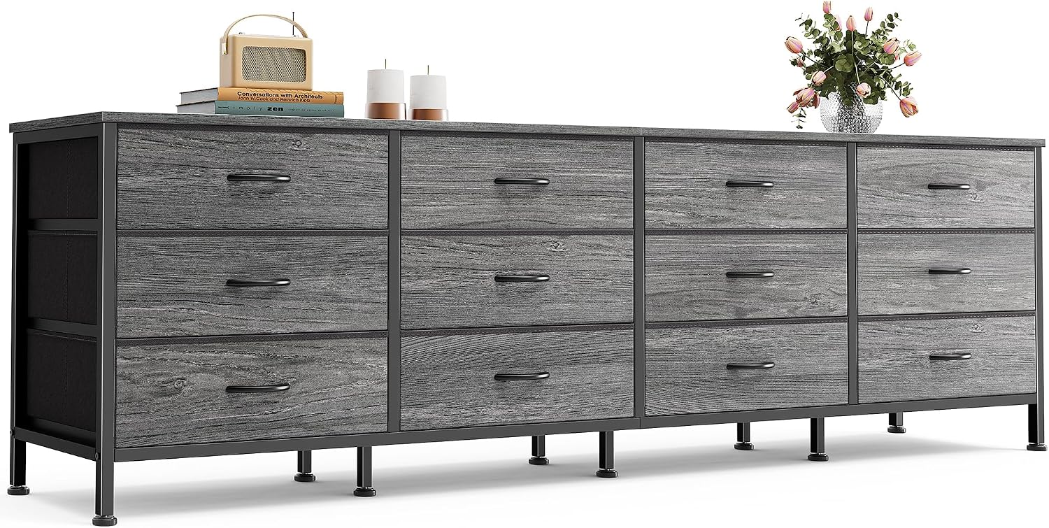 70-Inch Rustic Brown Dresser with 12 Fabric Drawers