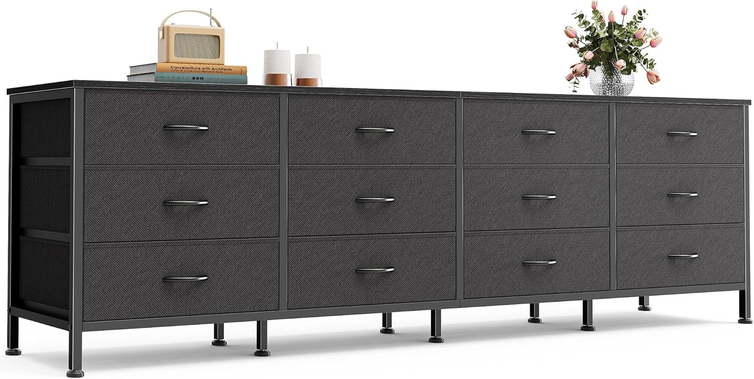 70-Inch Rustic Brown Dresser with 12 Fabric Drawers