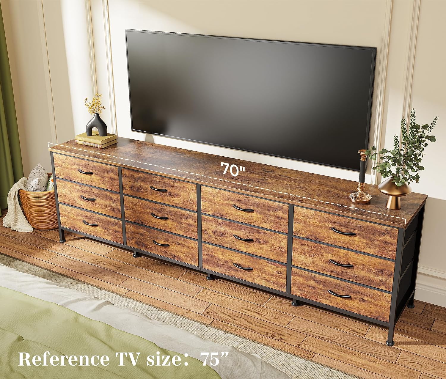 70-Inch Rustic Brown Dresser with 12 Fabric Drawers