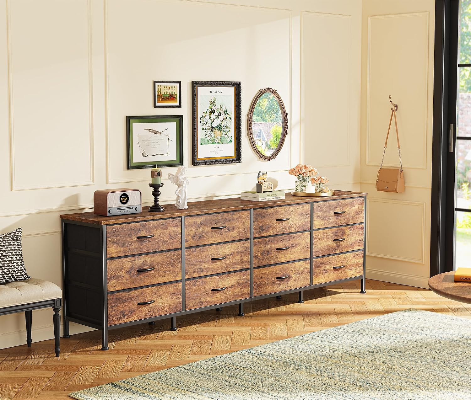 70-Inch Rustic Brown Dresser with 12 Fabric Drawers