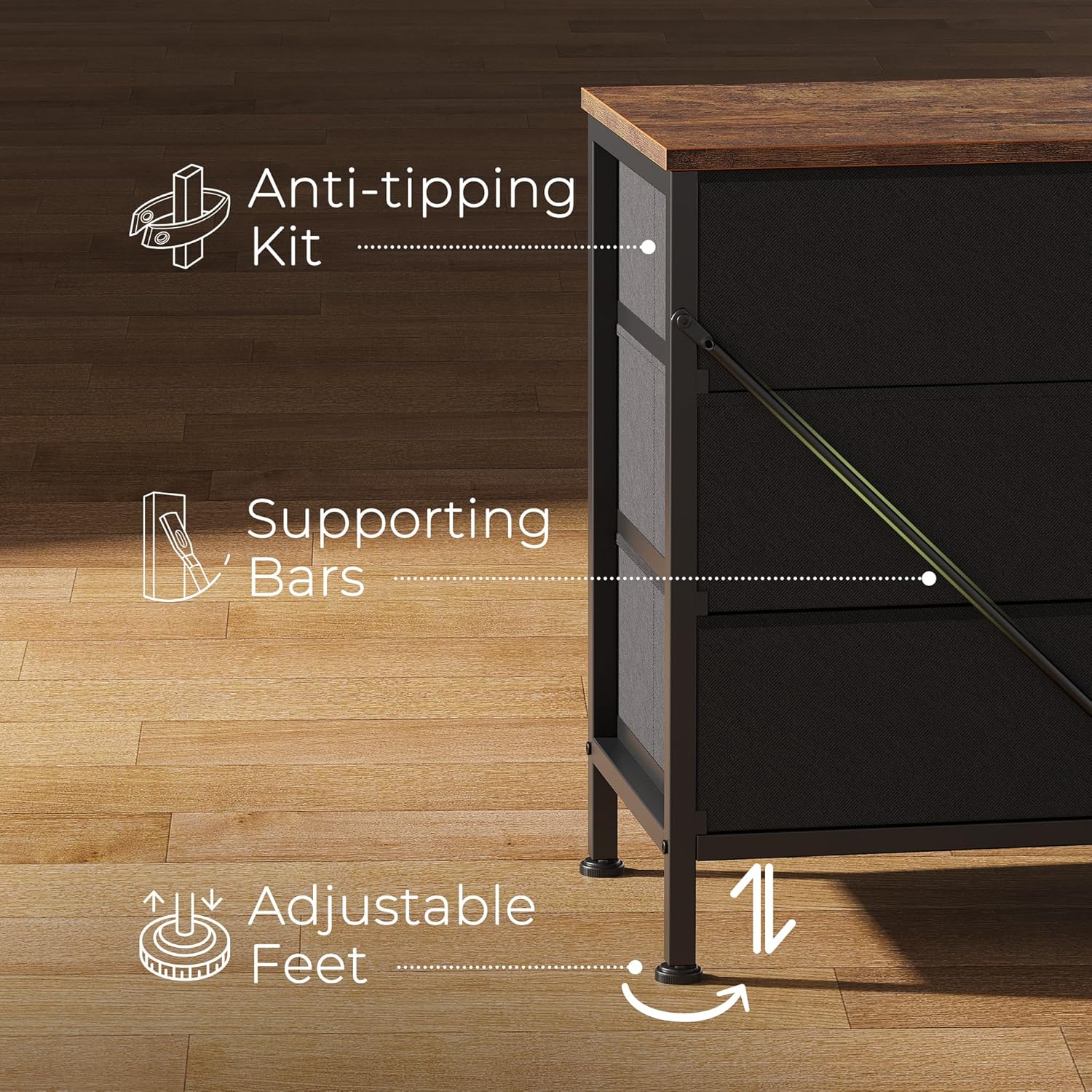 70-Inch Rustic Brown Dresser with 12 Fabric Drawers