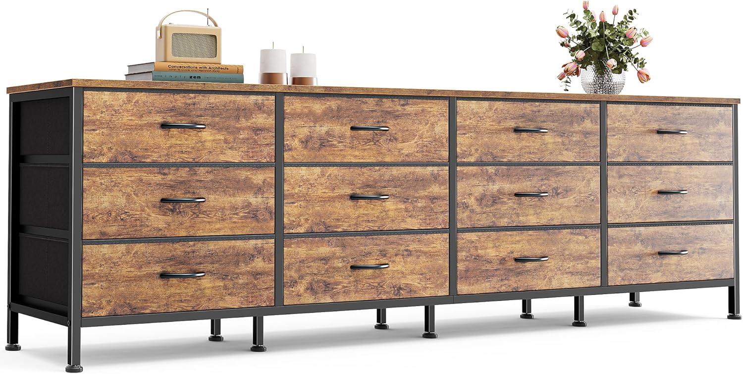 70-Inch Rustic Brown Dresser with 12 Fabric Drawers