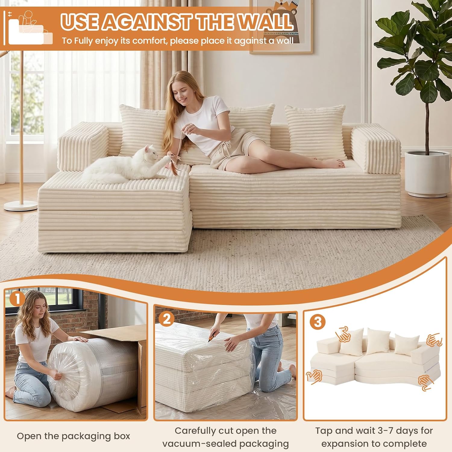 Beige Corduroy Modular Sectional Sofa