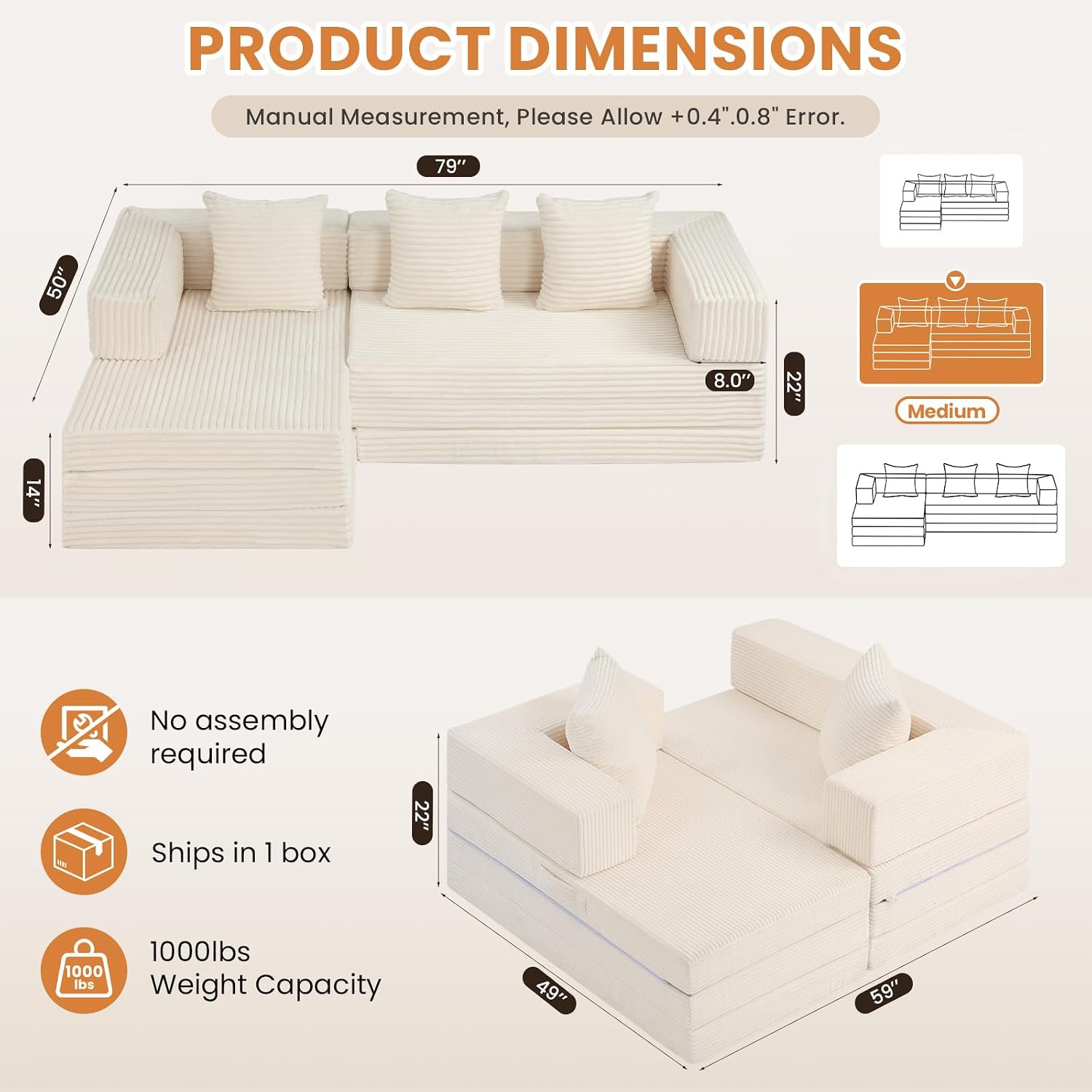 Beige Corduroy Modular Sectional Sofa
