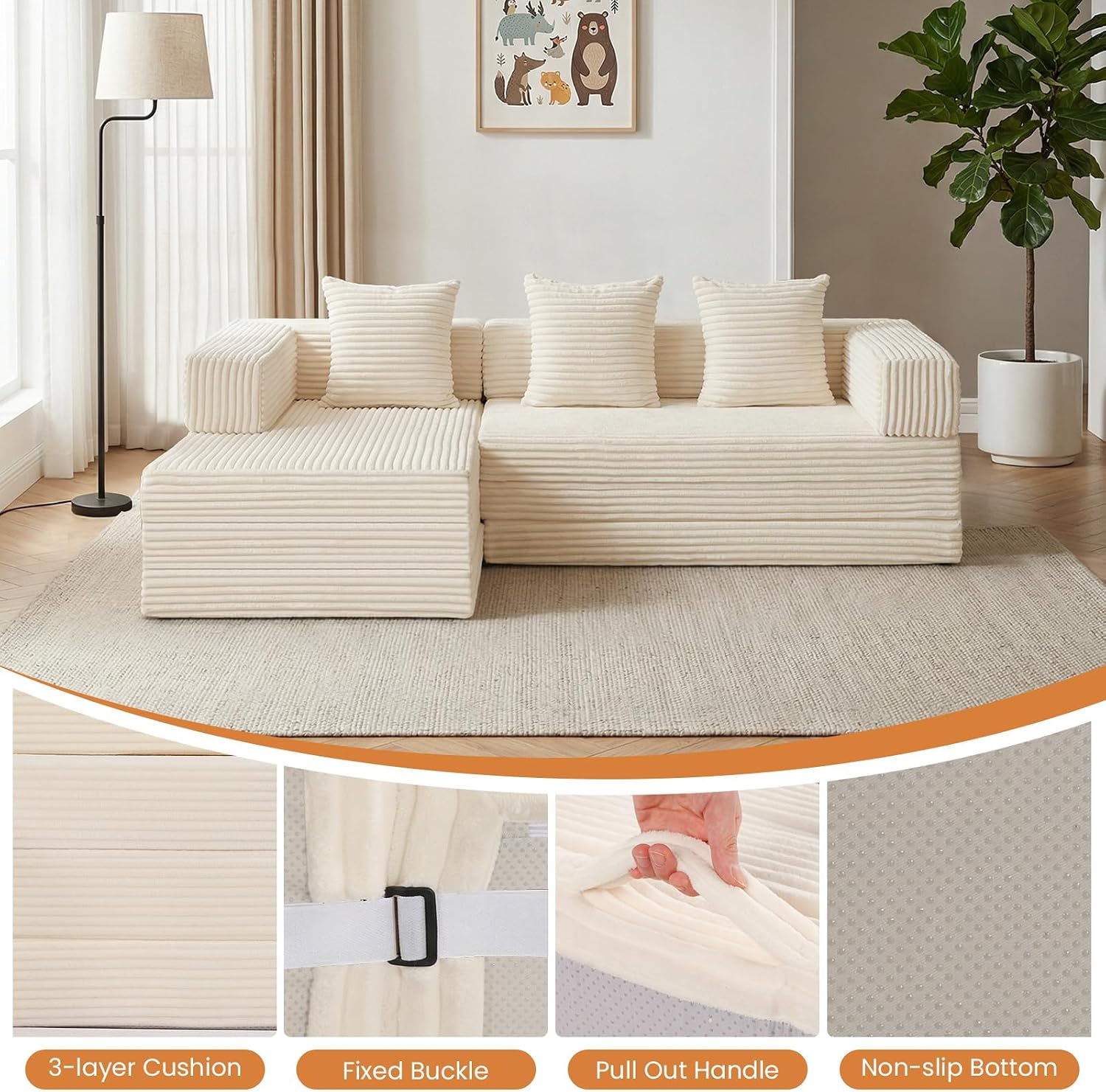 Beige Corduroy Modular Sectional Sofa