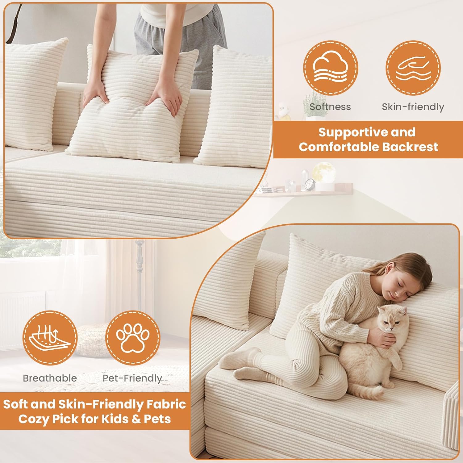 Beige Corduroy Modular Sectional Sofa