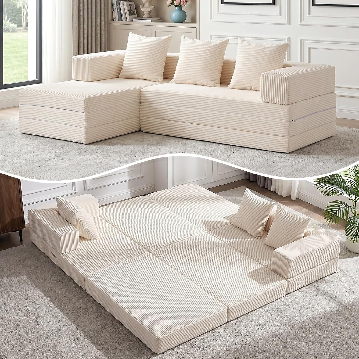 Beige Corduroy Modular Sectional Sofa