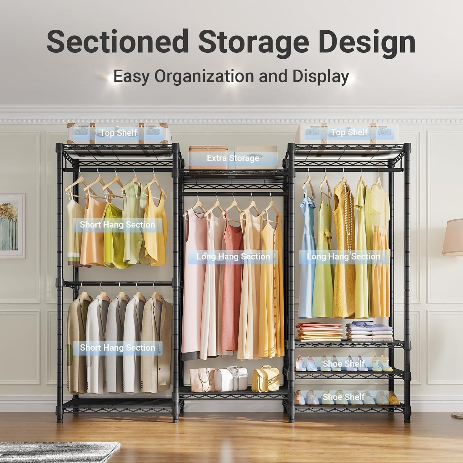 Black Freestanding Garment Rack with Shelves