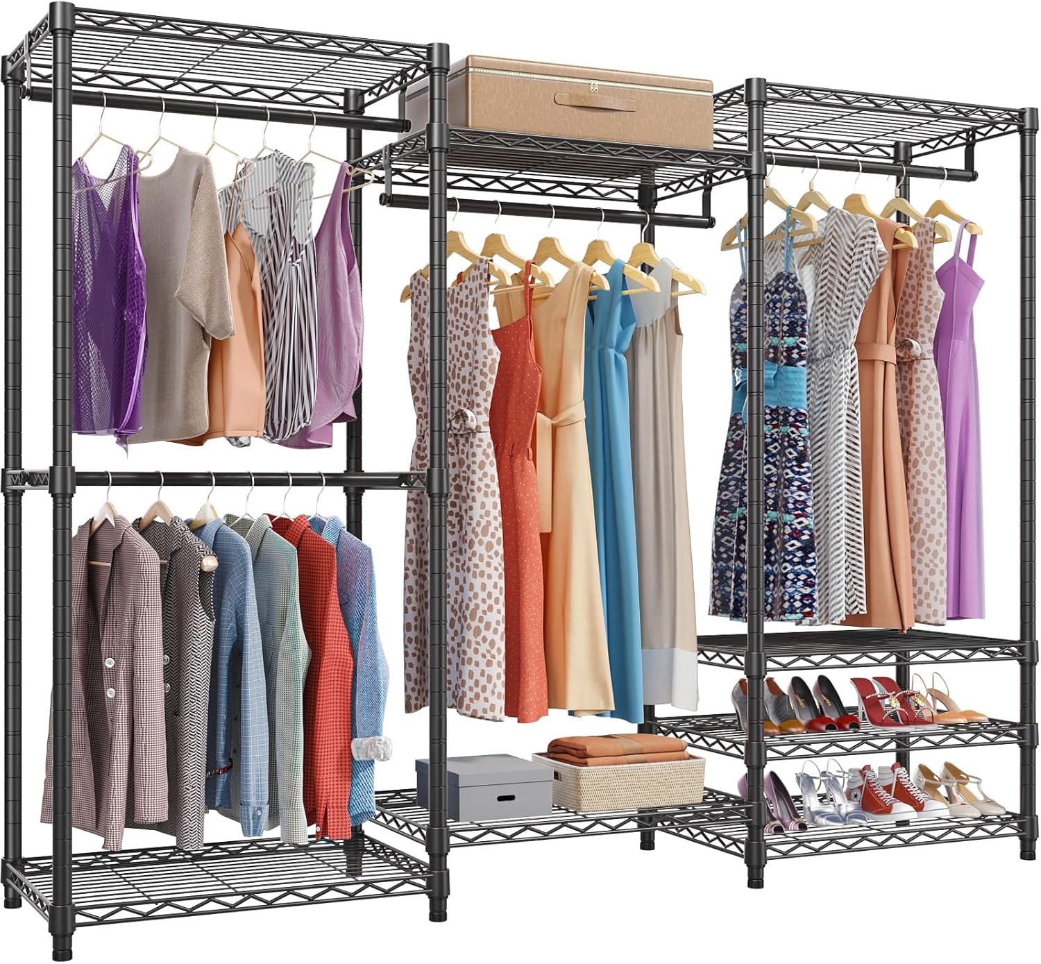Black Freestanding Garment Rack with Shelves