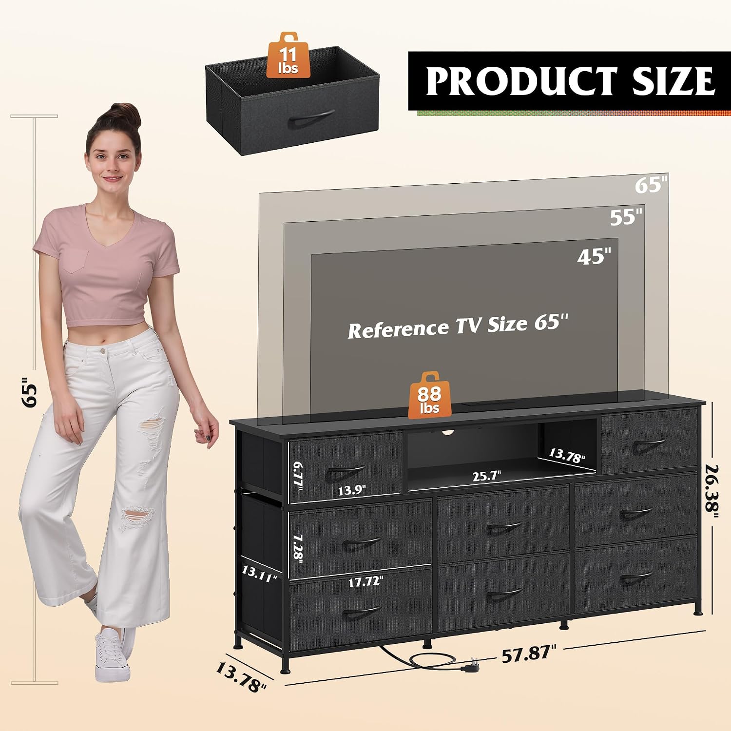 Black LED Media Console with 8 Fabric Drawers