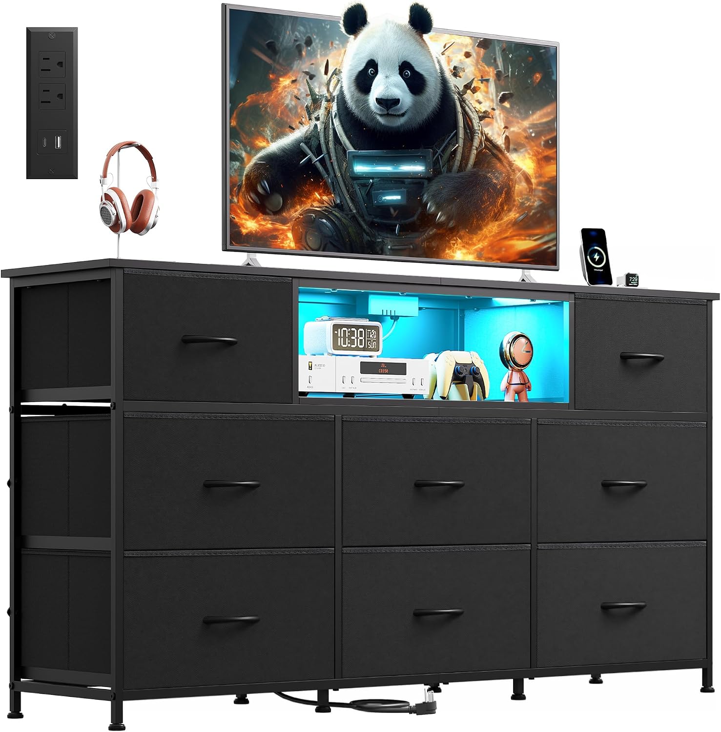 Black LED Media Console with 8 Fabric Drawers