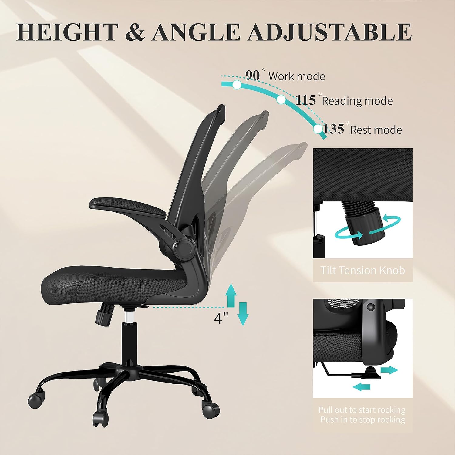 Black Mesh Computer Chair with Flip-Up Arms