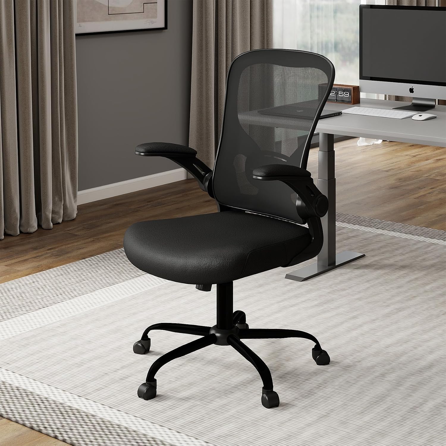 Black Mesh Computer Chair with Flip-Up Arms