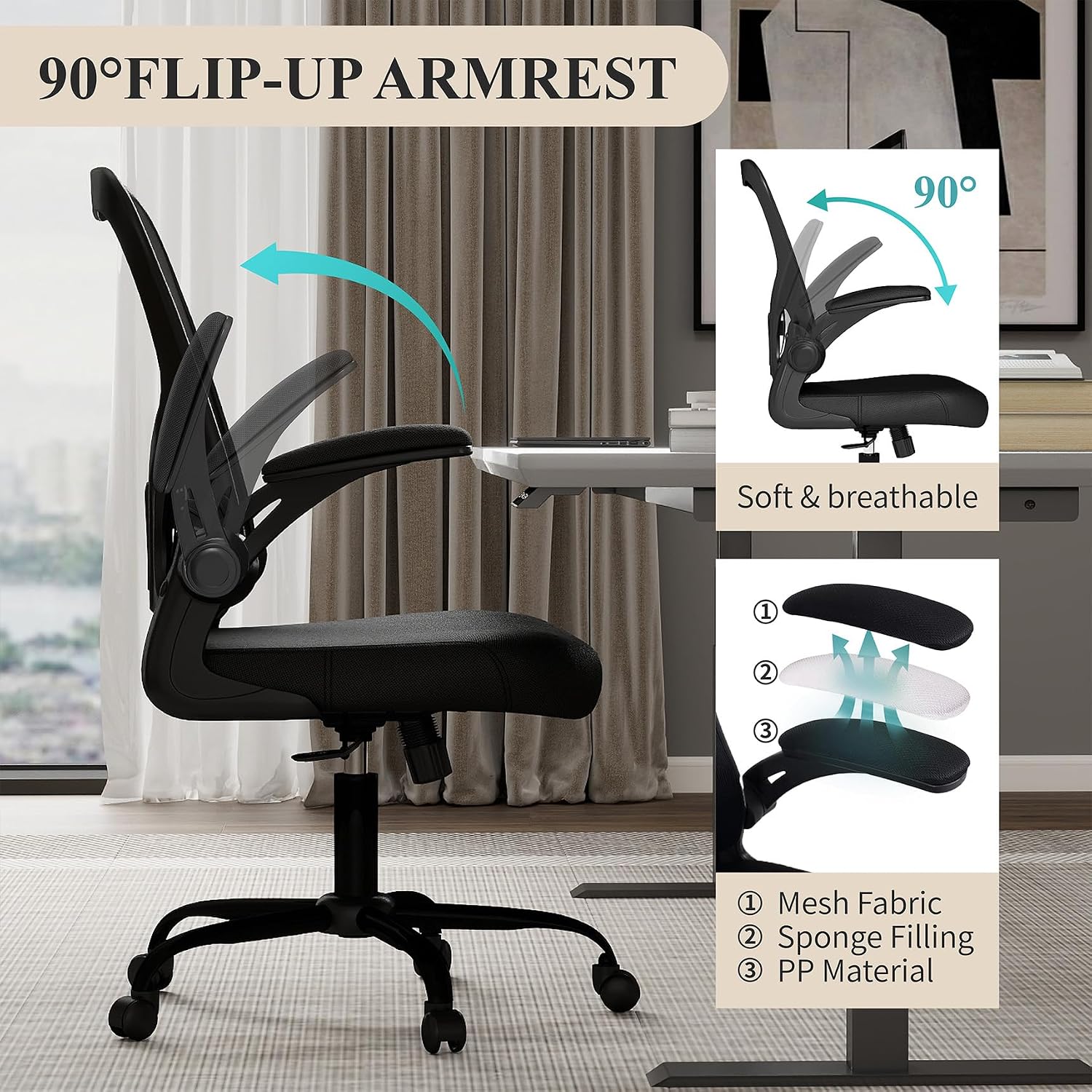 Black Mesh Computer Chair with Flip-Up Arms