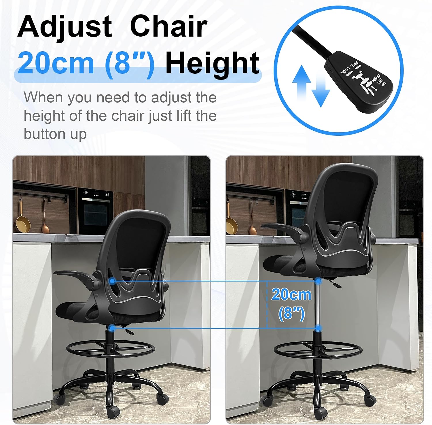 Black Mesh Drafting Chair with Flip-Up Arms