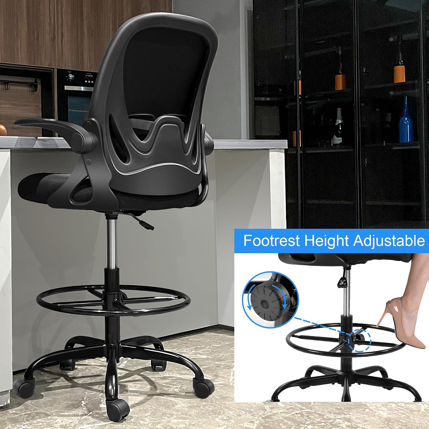 Black Mesh Drafting Chair with Flip-Up Arms