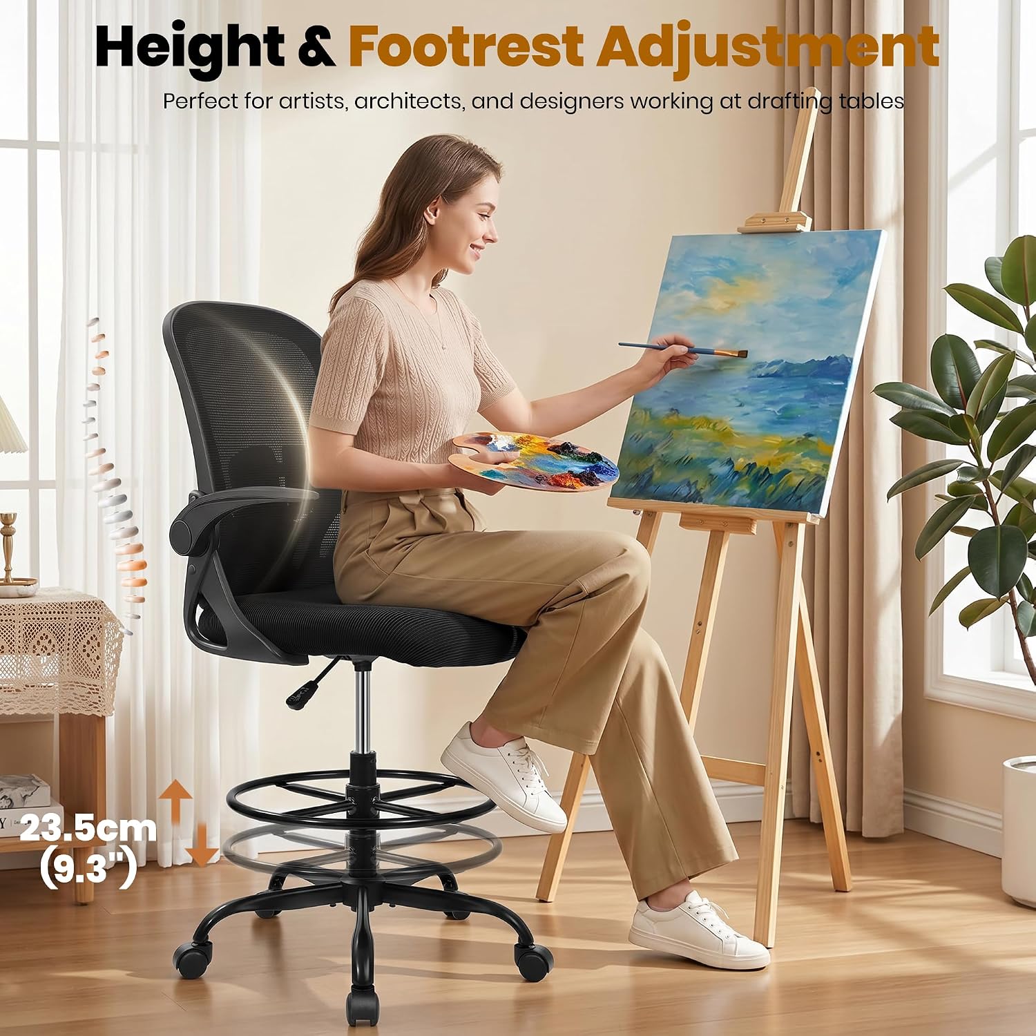 Black Mesh Drafting Chair with Flip-Up Arms