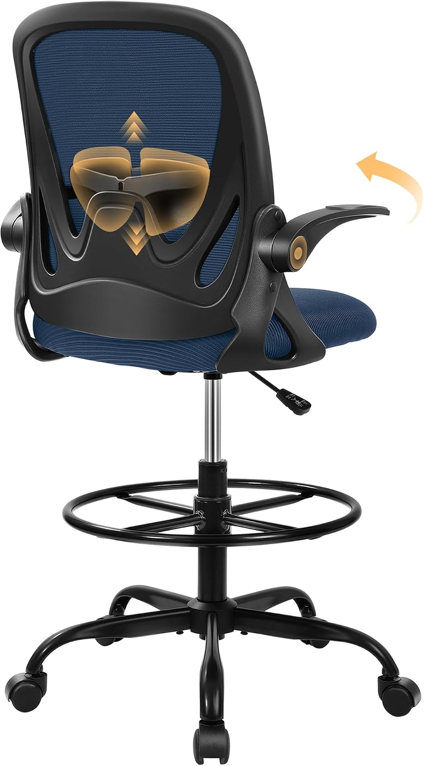 Black Mesh Drafting Chair with Flip-Up Arms