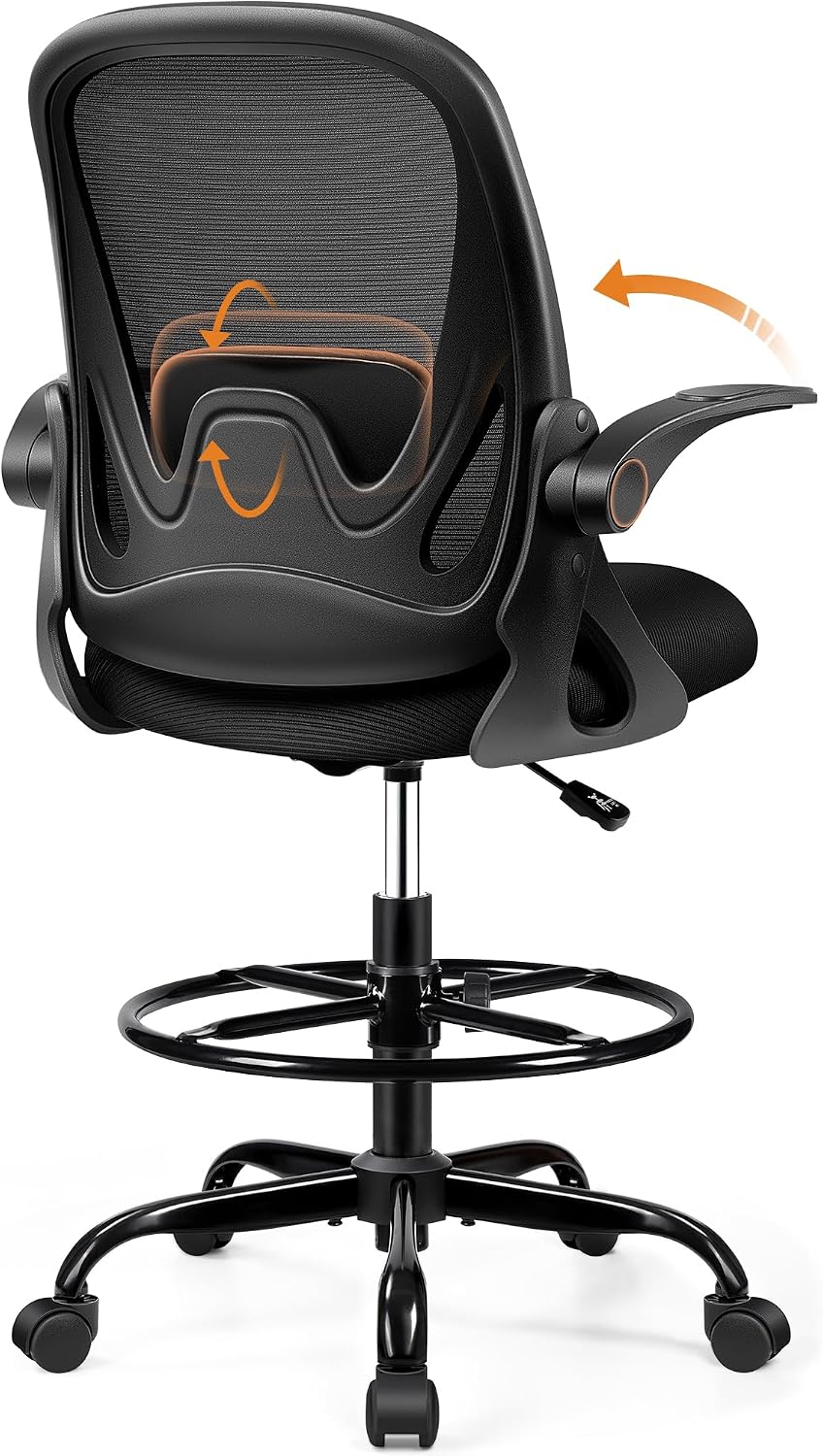 Black Mesh Drafting Chair with Flip-Up Arms
