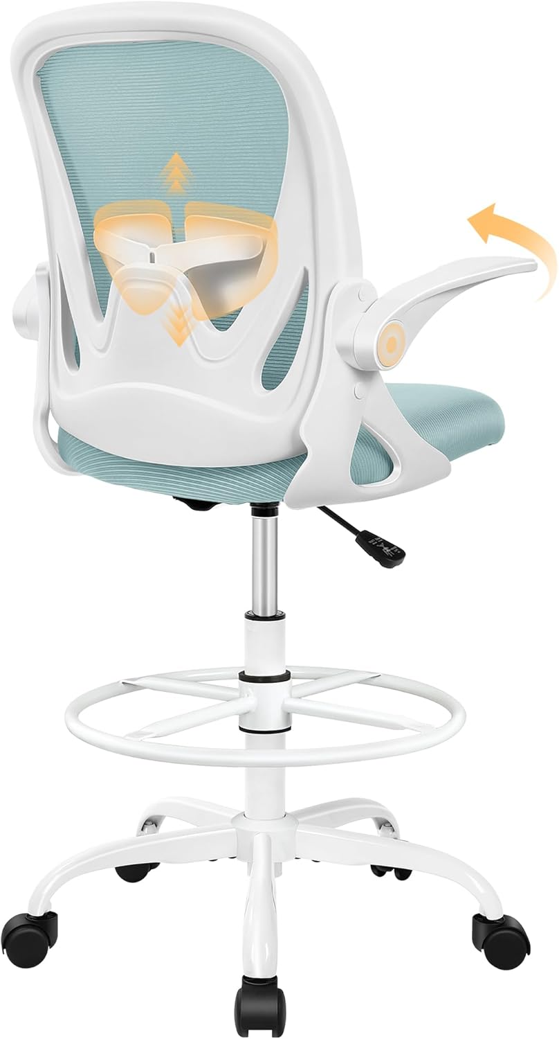 Black Mesh Drafting Chair with Flip-Up Arms