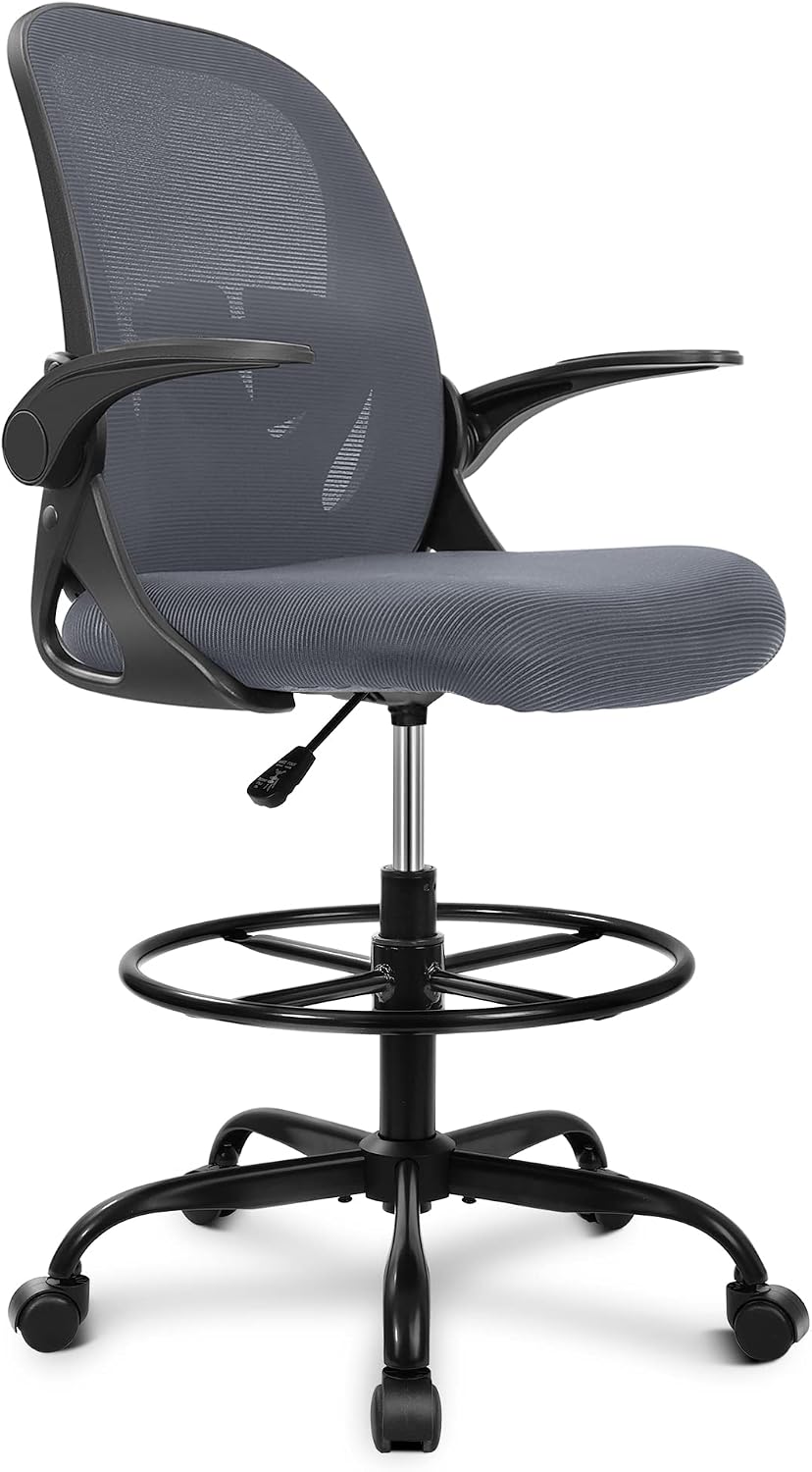 Black Mesh Drafting Chair with Flip-Up Arms