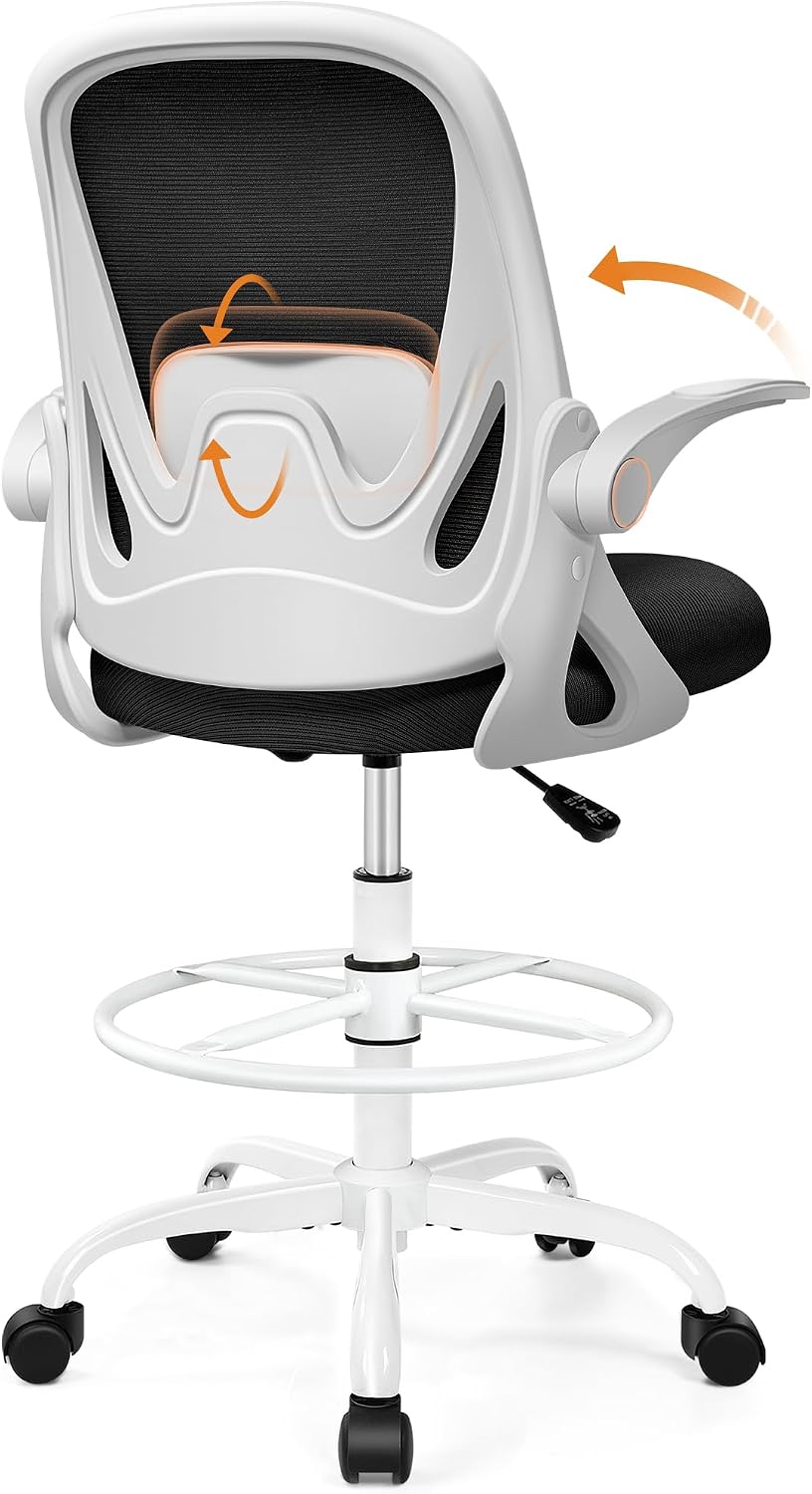 Black Mesh Drafting Chair with Flip-Up Arms