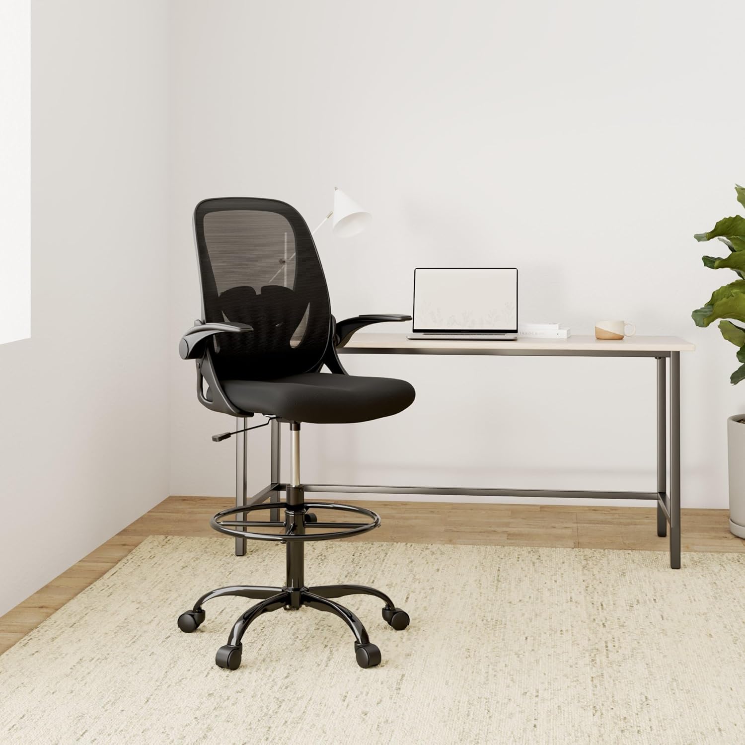 Black Mesh Drafting Chair with Flip-Up Arms