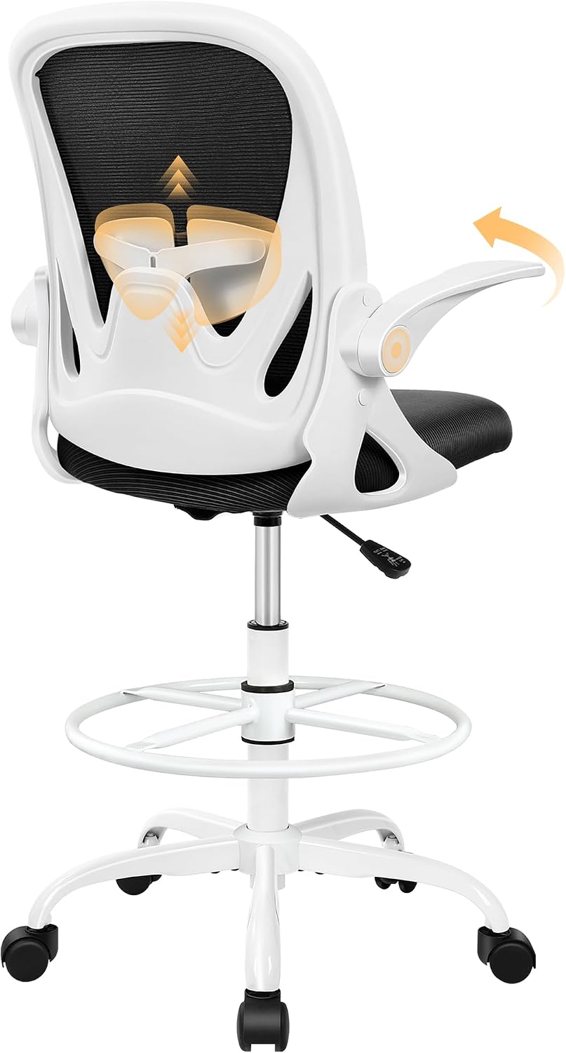 Black Mesh Drafting Chair with Flip-Up Arms