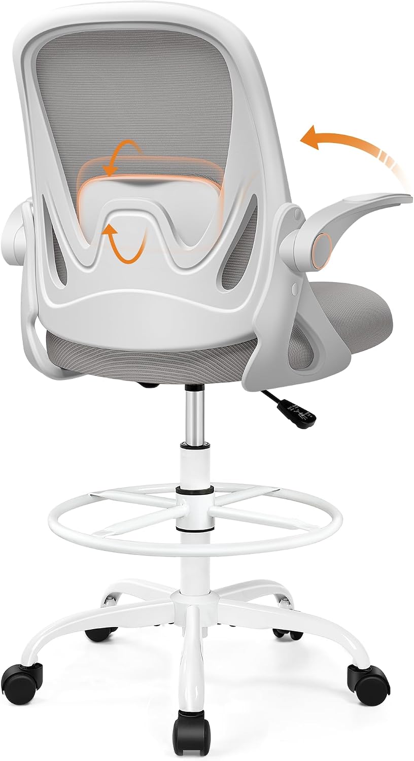 Black Mesh Drafting Chair with Flip-Up Arms