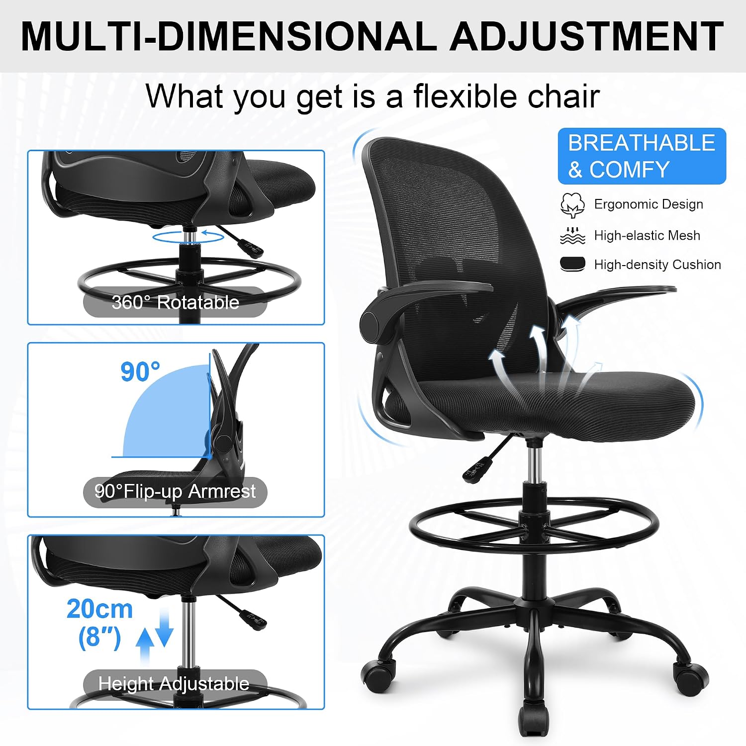 Black Mesh Drafting Chair with Flip-Up Arms