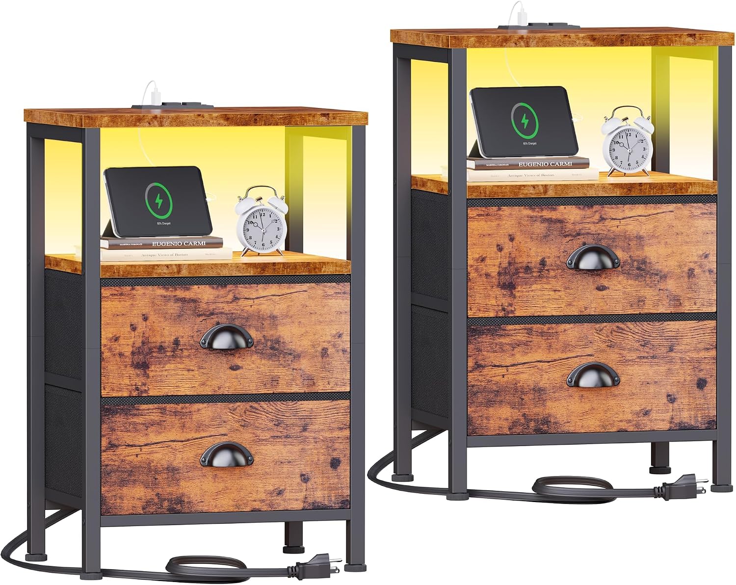 Black Oak Nightstand Set with Charging Station