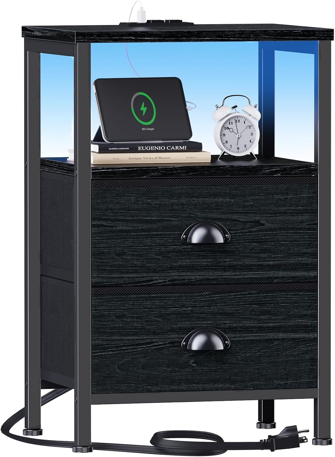 Black Oak Nightstand Set with Charging Station