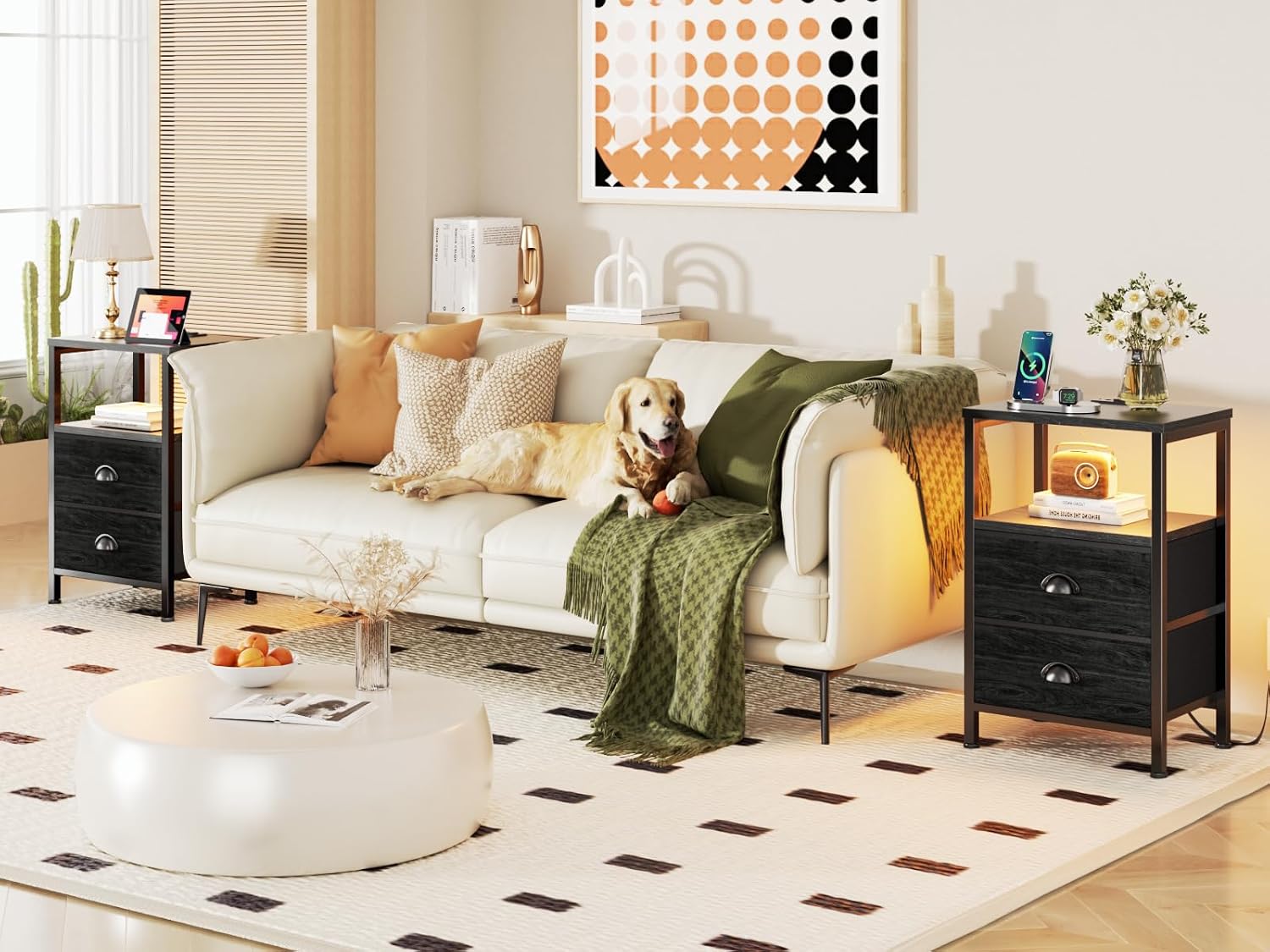 Black Oak Nightstand Set with Charging Station
