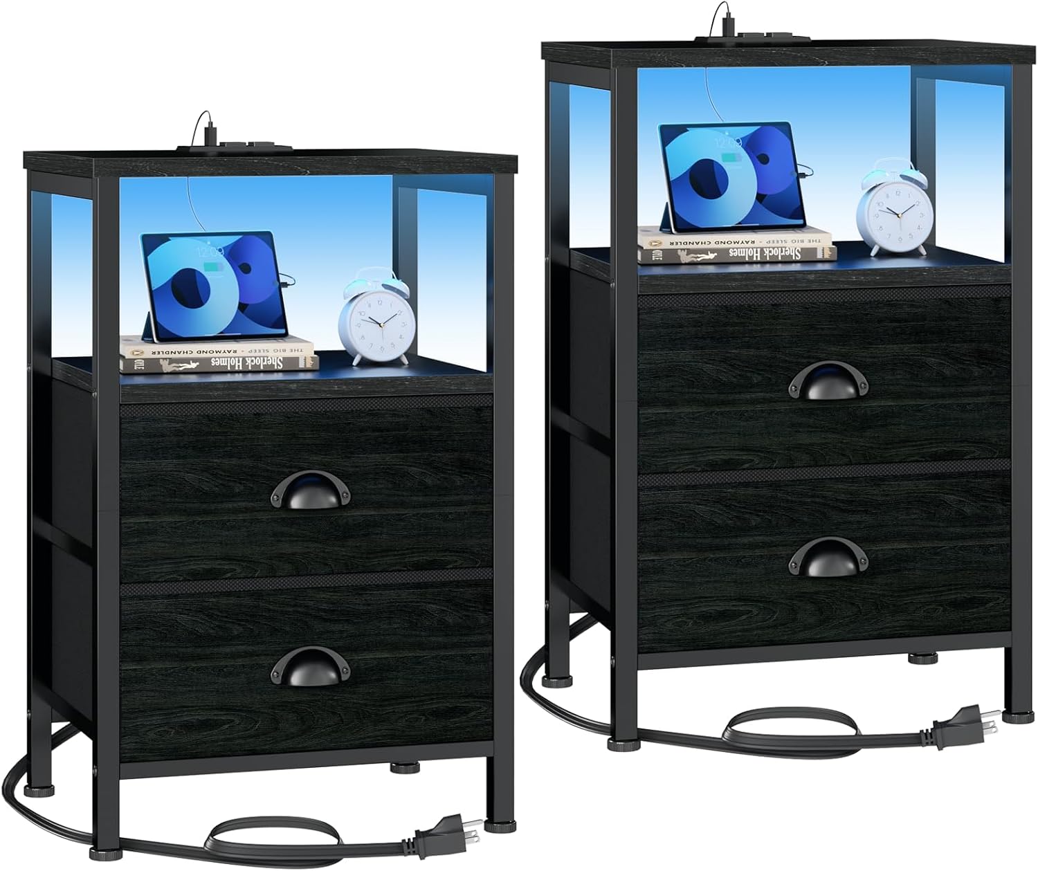 Black Oak Nightstand Set with Charging Station