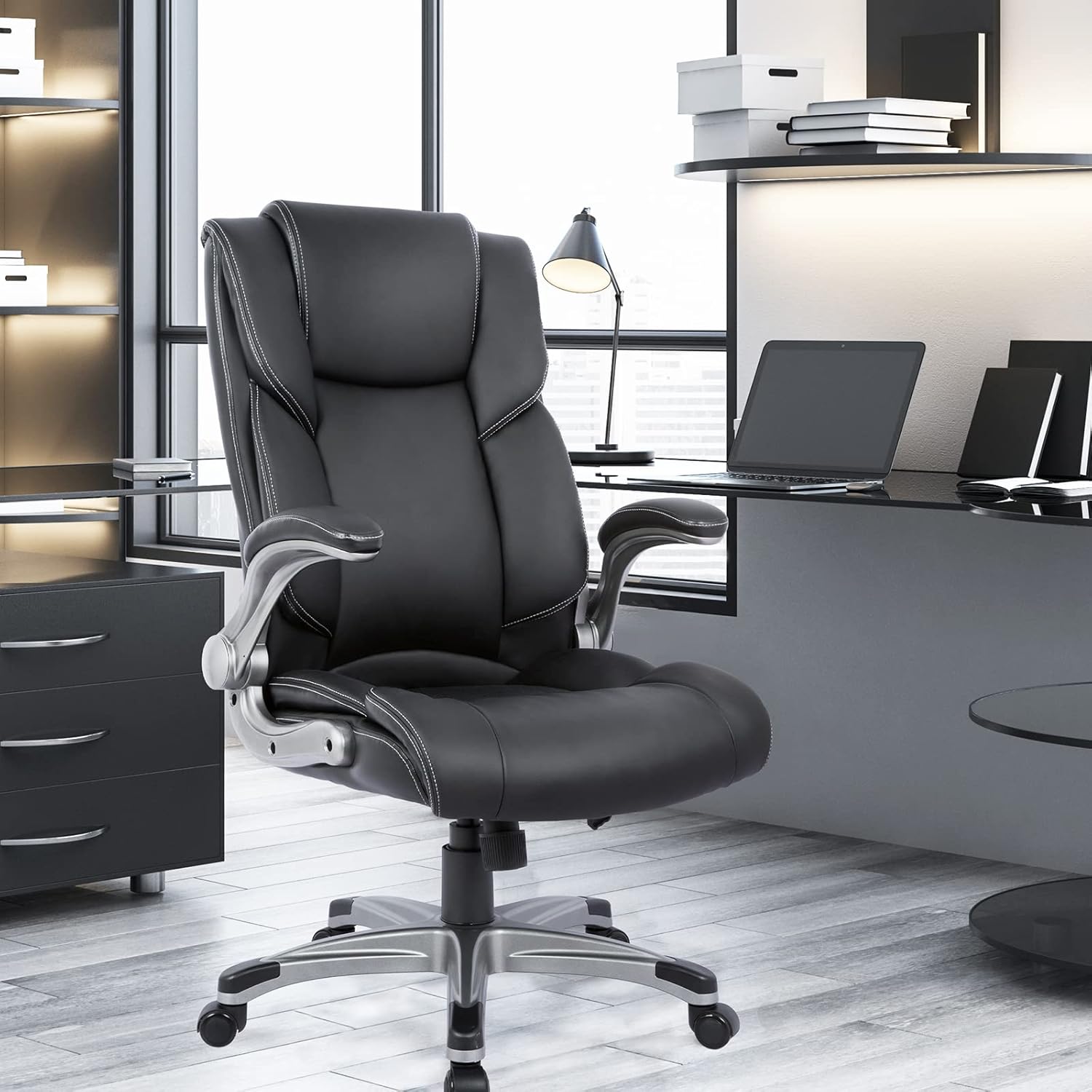 Black Padded Leather Executive Chair with Lumbar Support