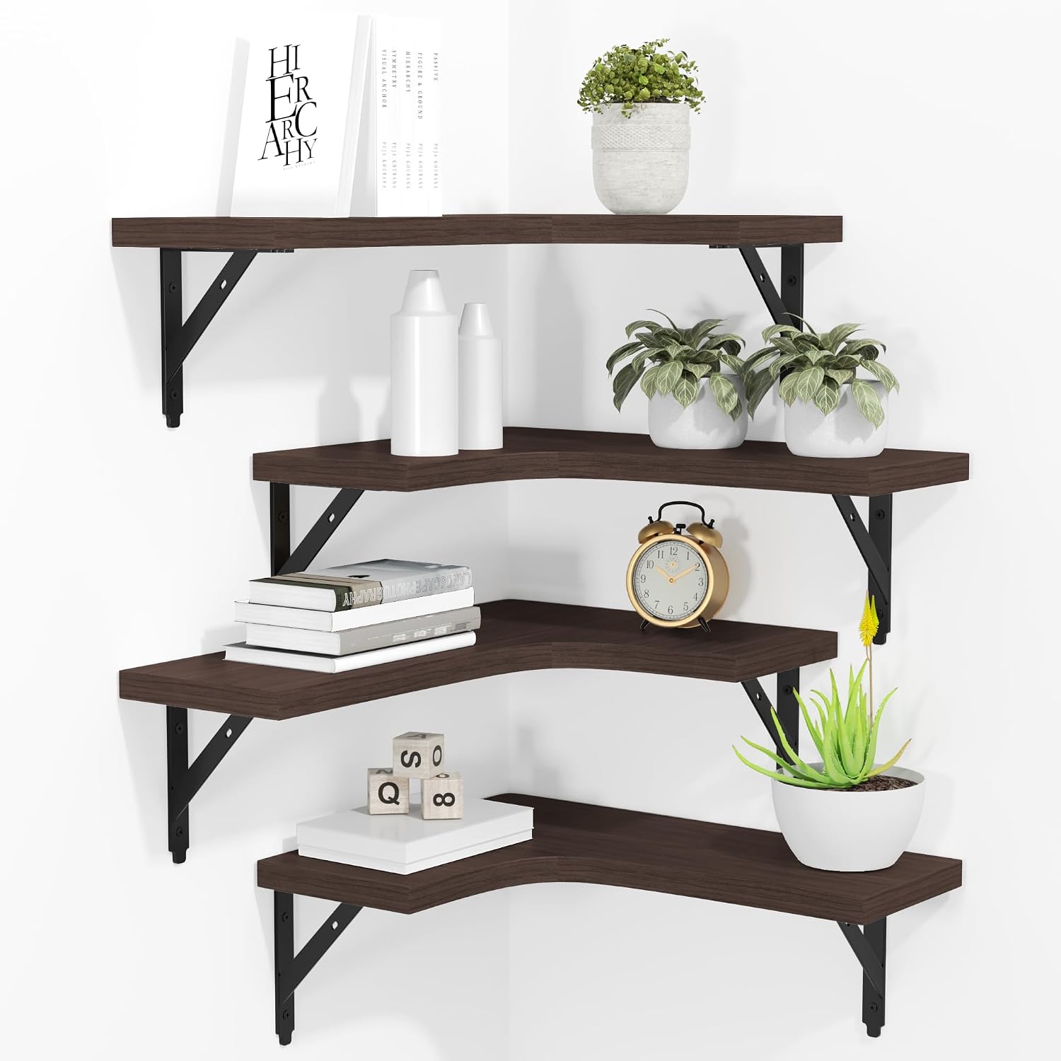 Black Wood Corner Floating Shelves - Set of 4