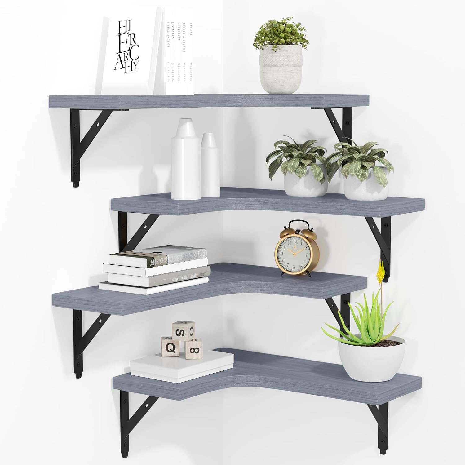 Black Wood Corner Floating Shelves - Set of 4