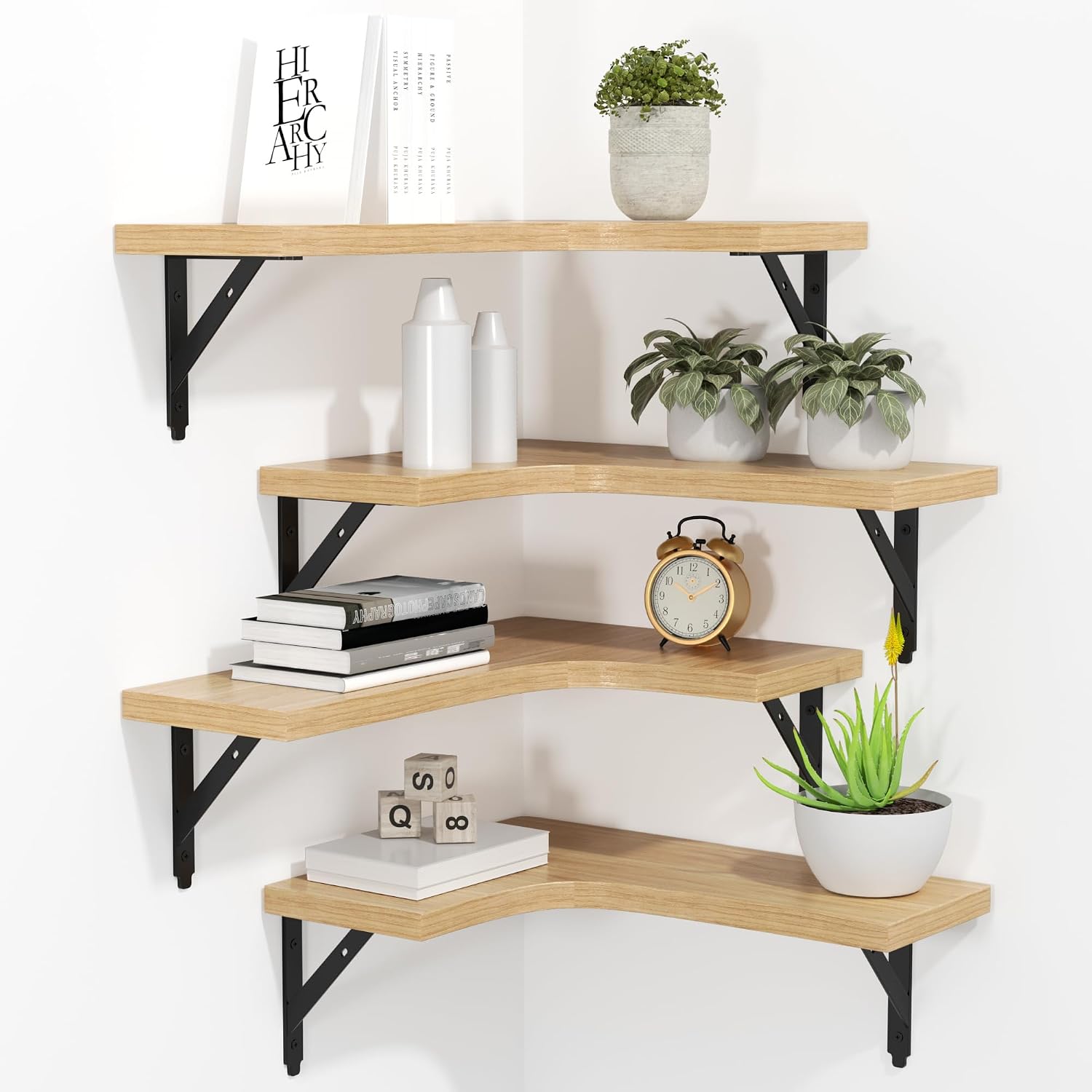 Black Wood Corner Floating Shelves - Set of 4