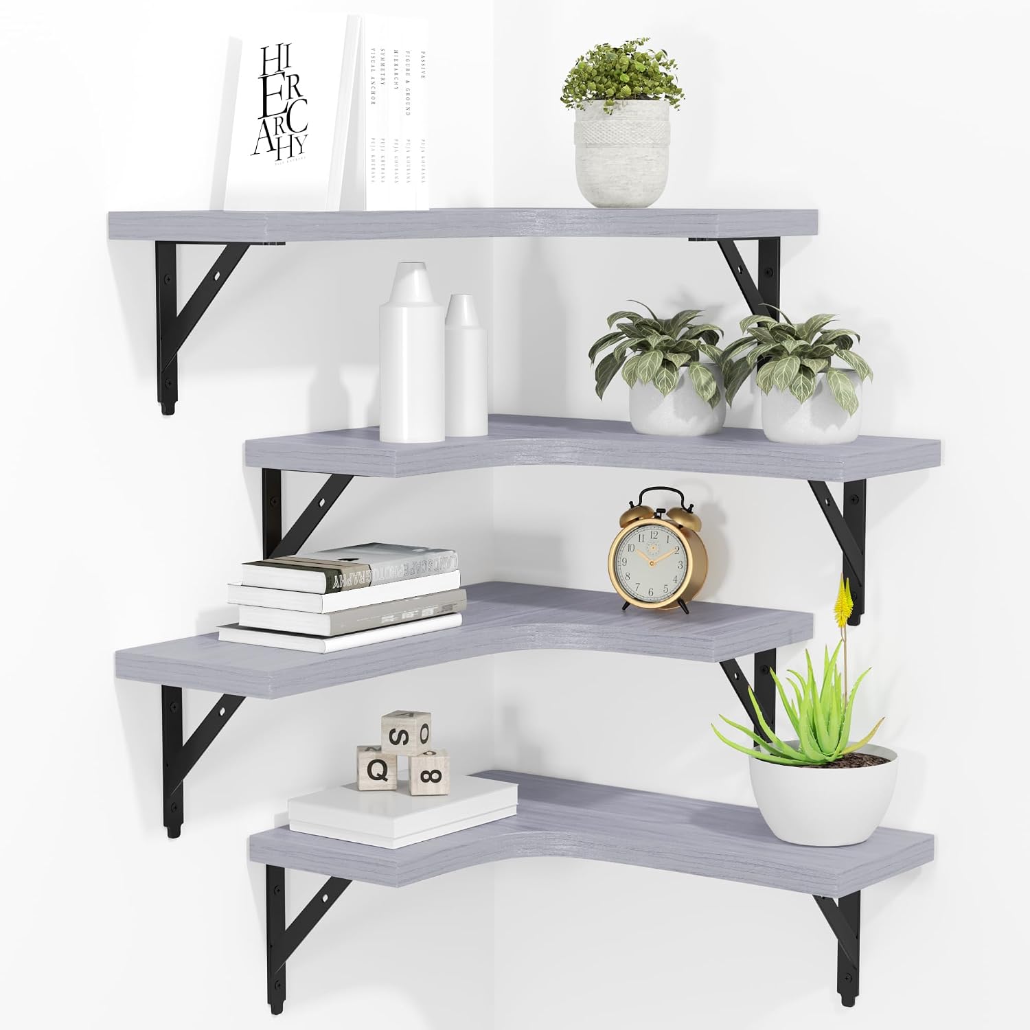 Black Wood Corner Floating Shelves - Set of 4