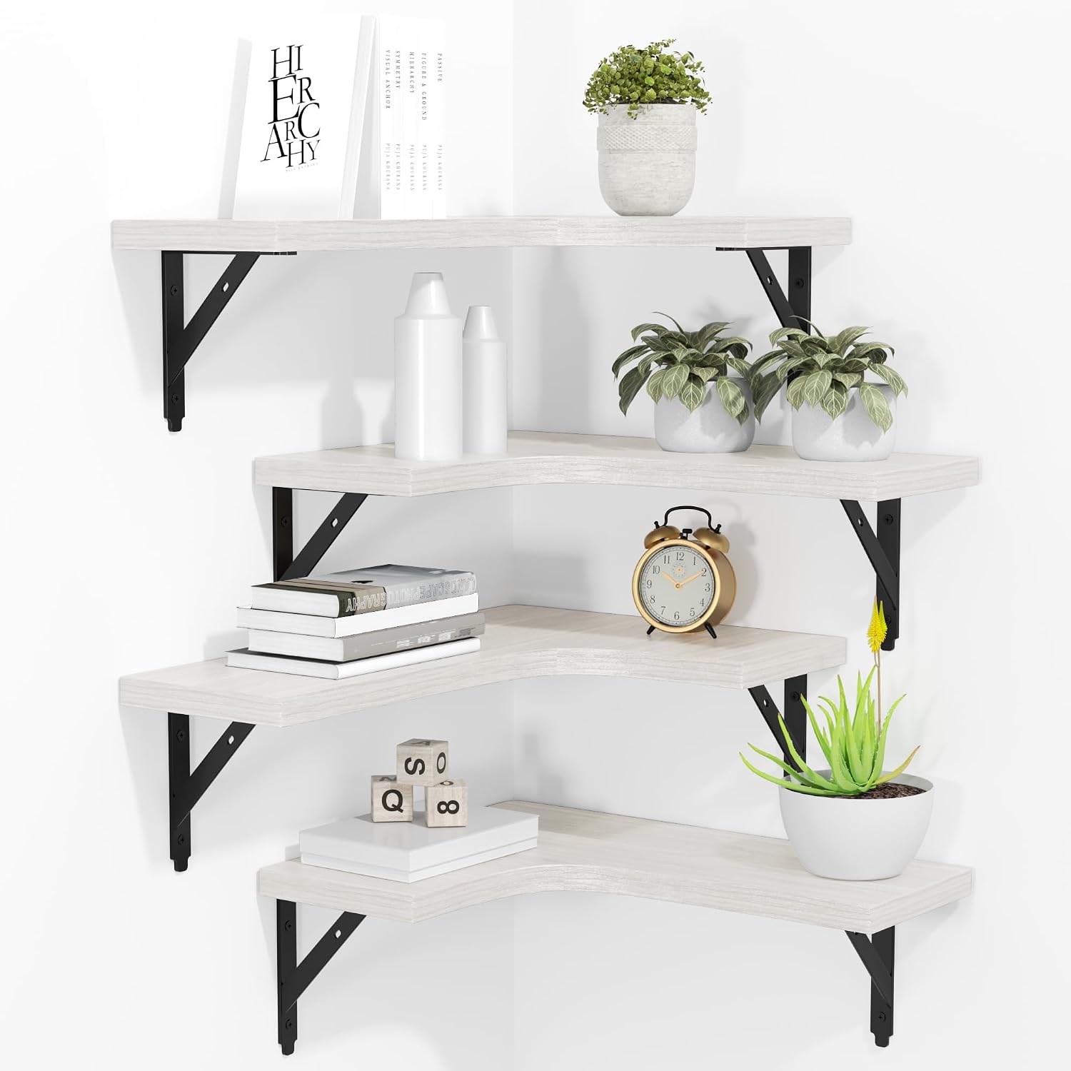 Black Wood Corner Floating Shelves - Set of 4