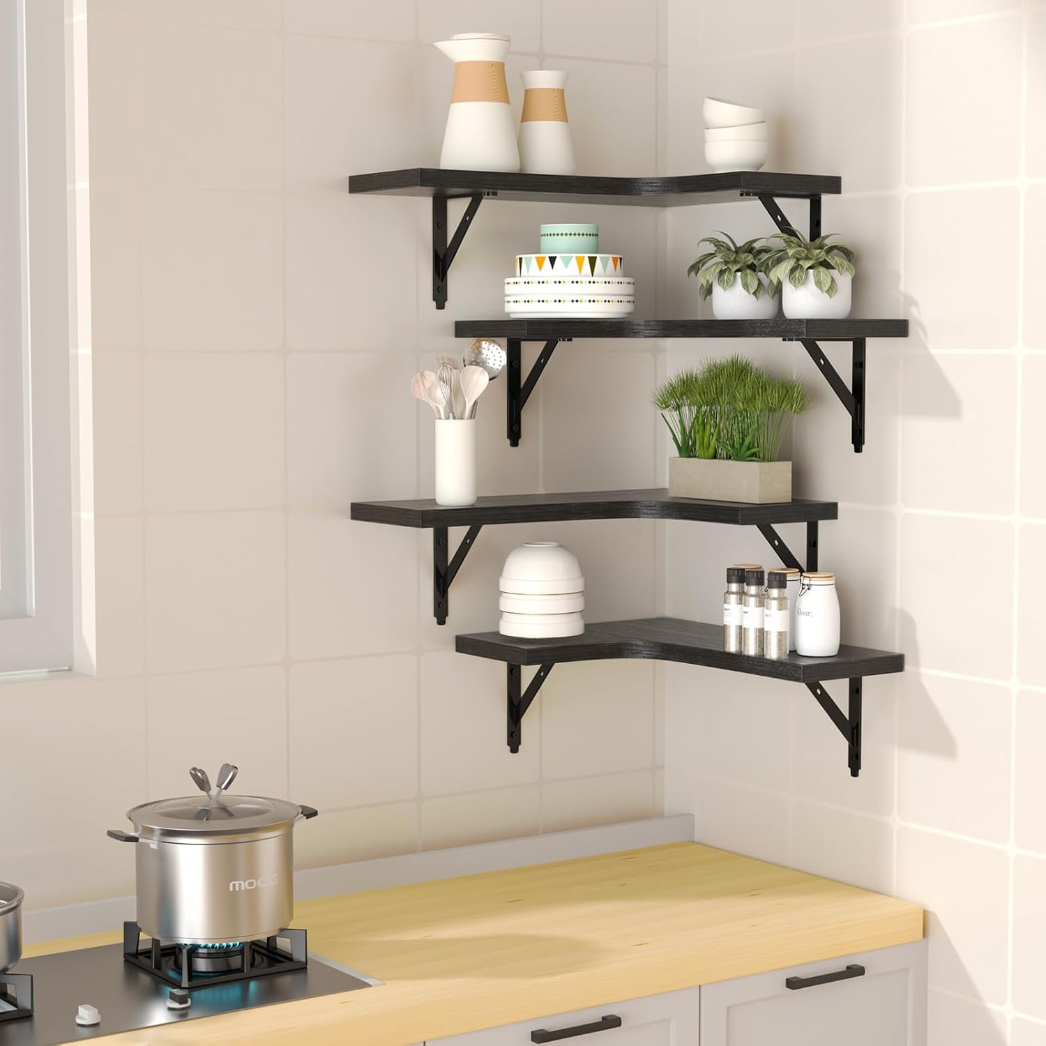 Black Wood Corner Floating Shelves - Set of 4