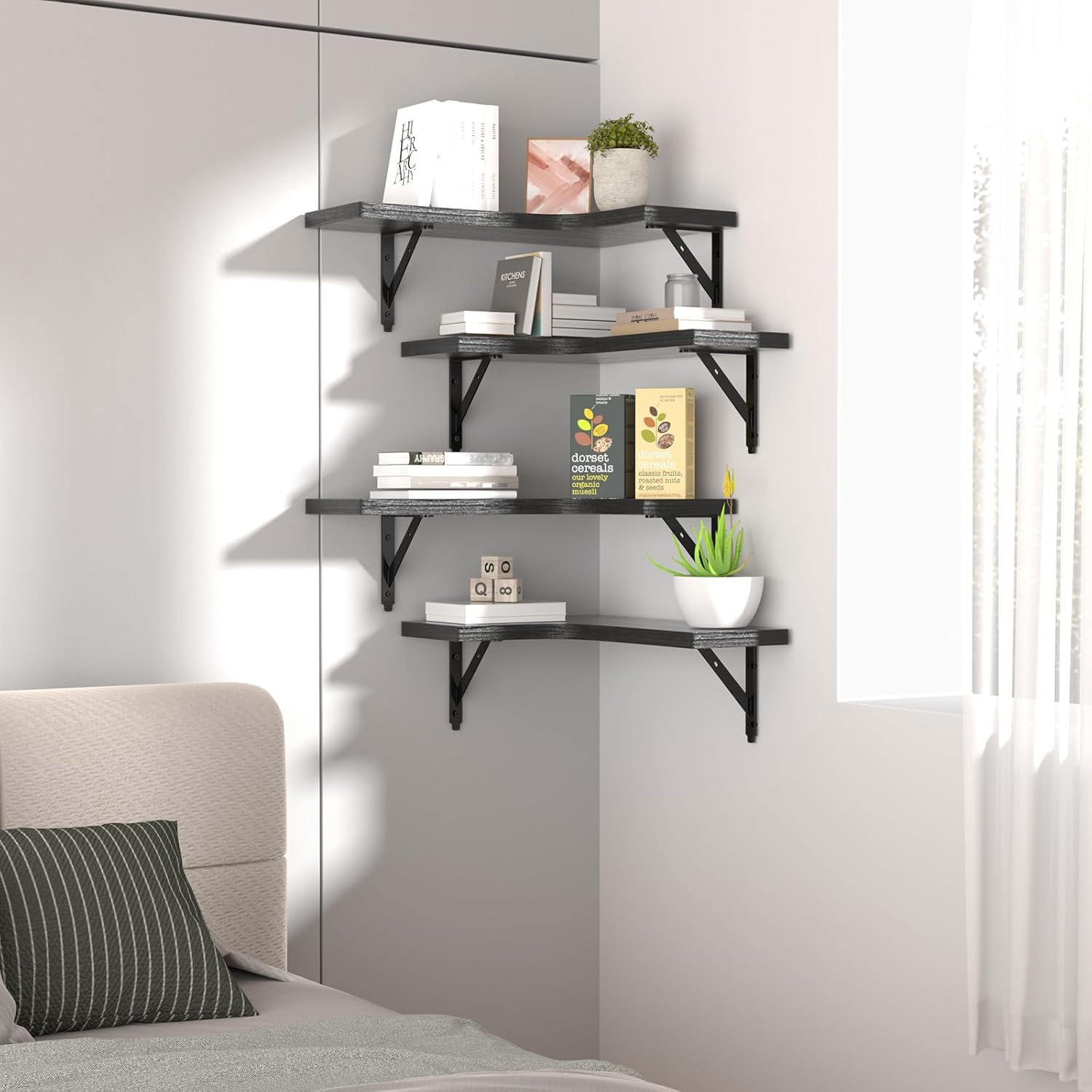 Black Wood Corner Floating Shelves - Set of 4