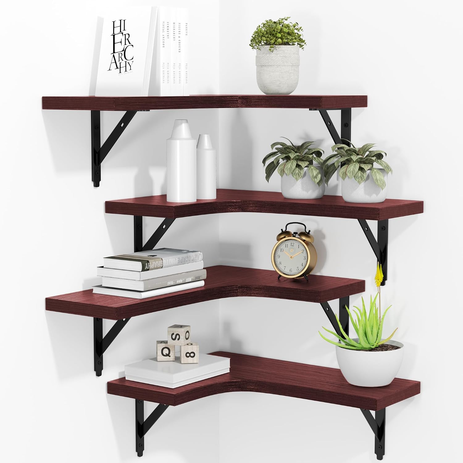 Black Wood Corner Floating Shelves - Set of 4