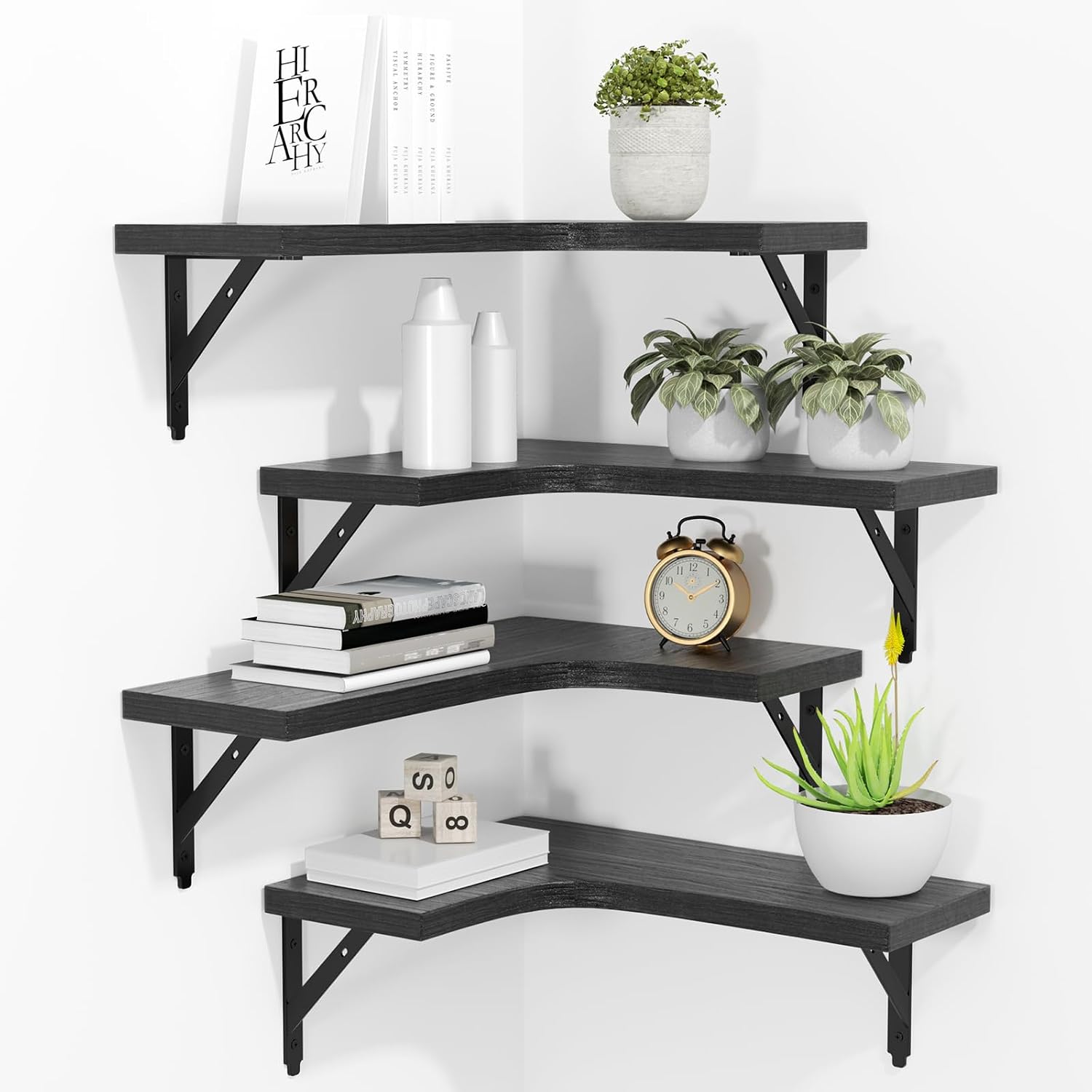 Black Wood Corner Floating Shelves - Set of 4