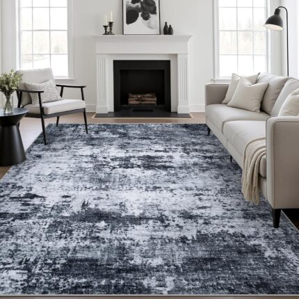 Black Washable Abstract Area Rug