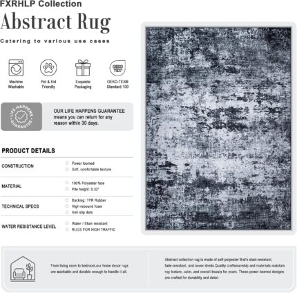 Black Washable Abstract Area Rug