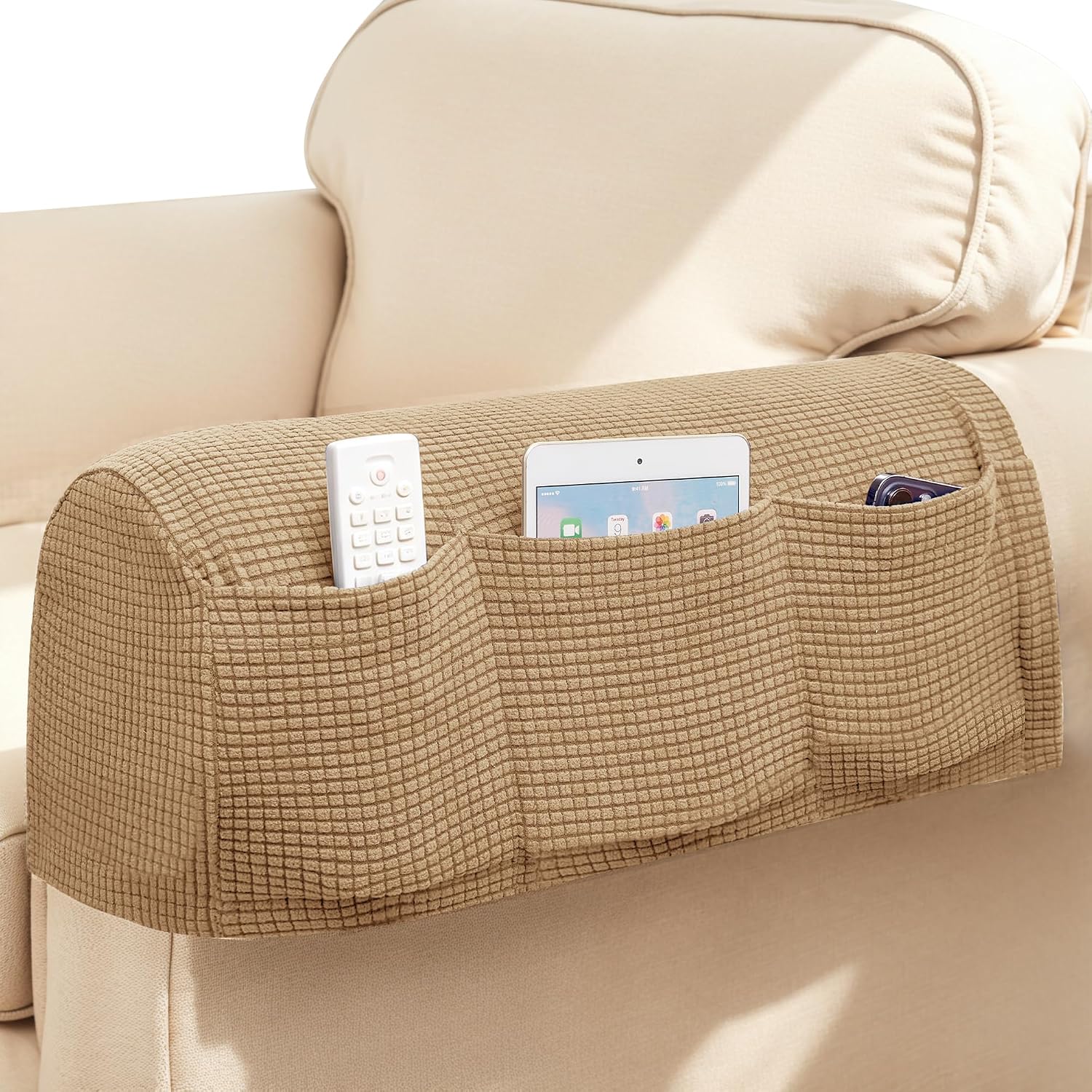Ivory Checkered Sofa Arm Covers - Set of 2